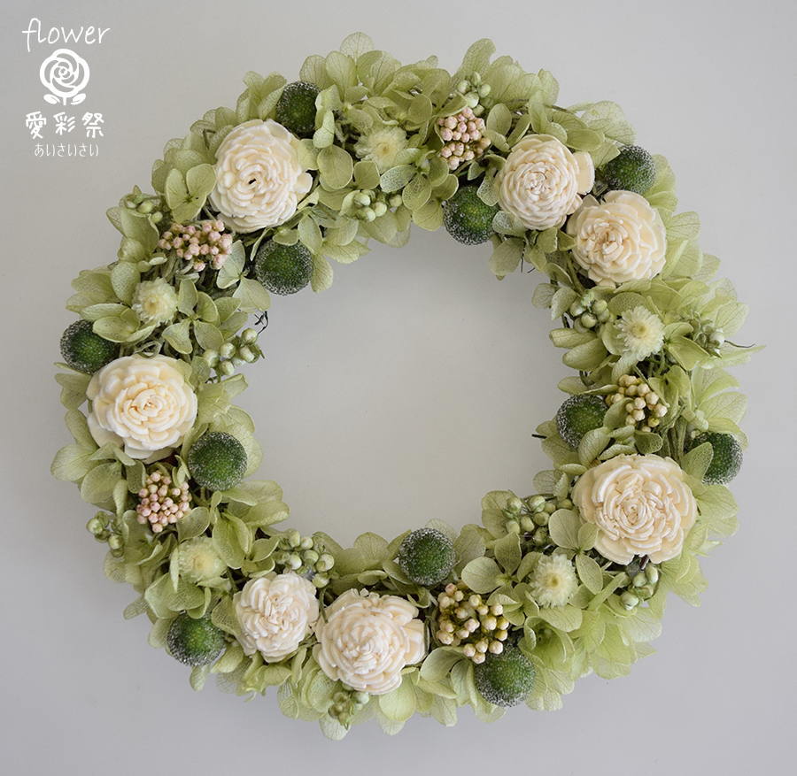 ドライフラワーリース　白いソーラーフラワーと緑のお花（16cm）